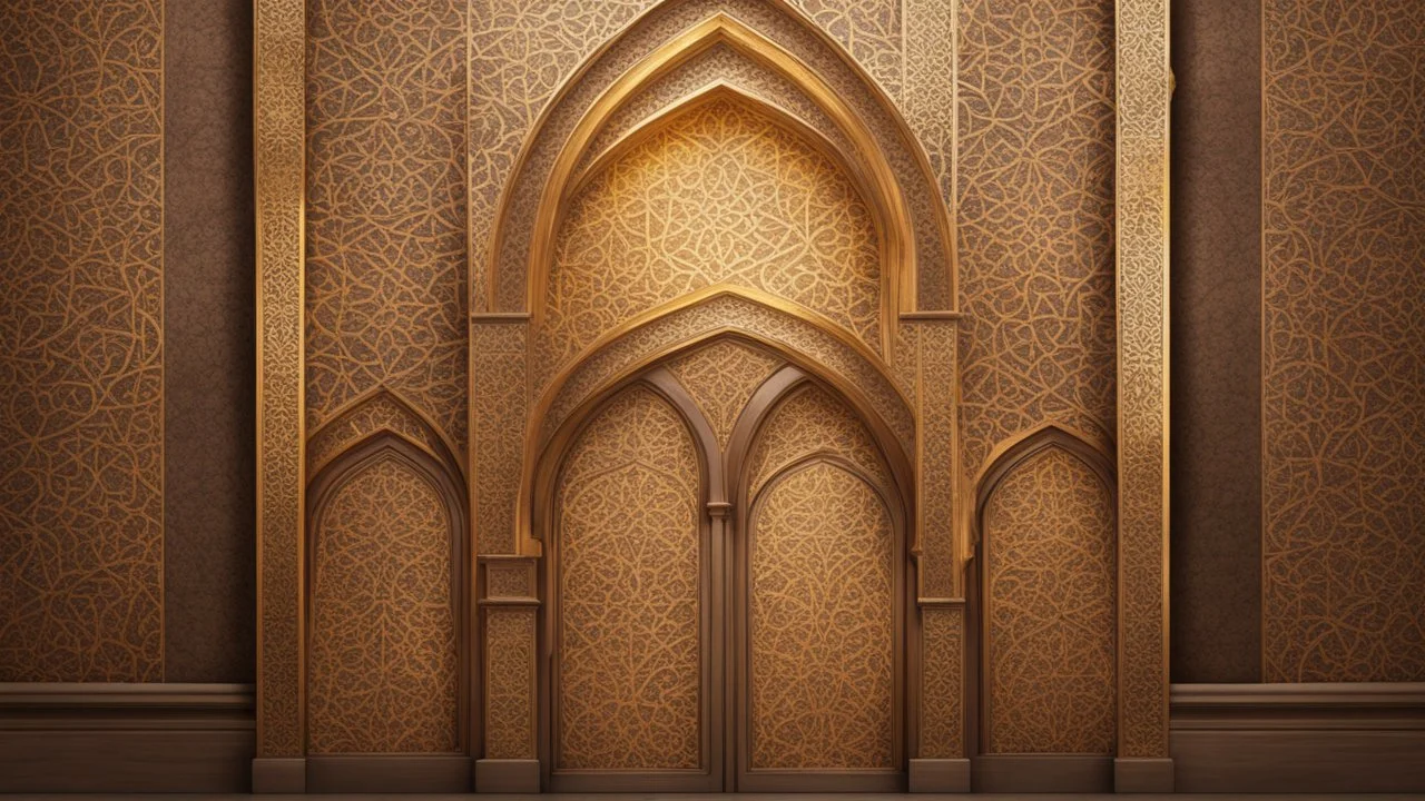 Hyper Realistic Bright-Glowing-Golden-Islamic-architecture-pattern on rustic-brown-rustic wall