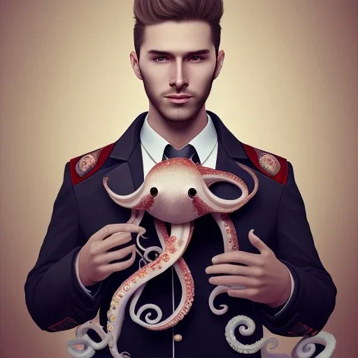 a masculine brunette gay austrian man with octopus plushie on head