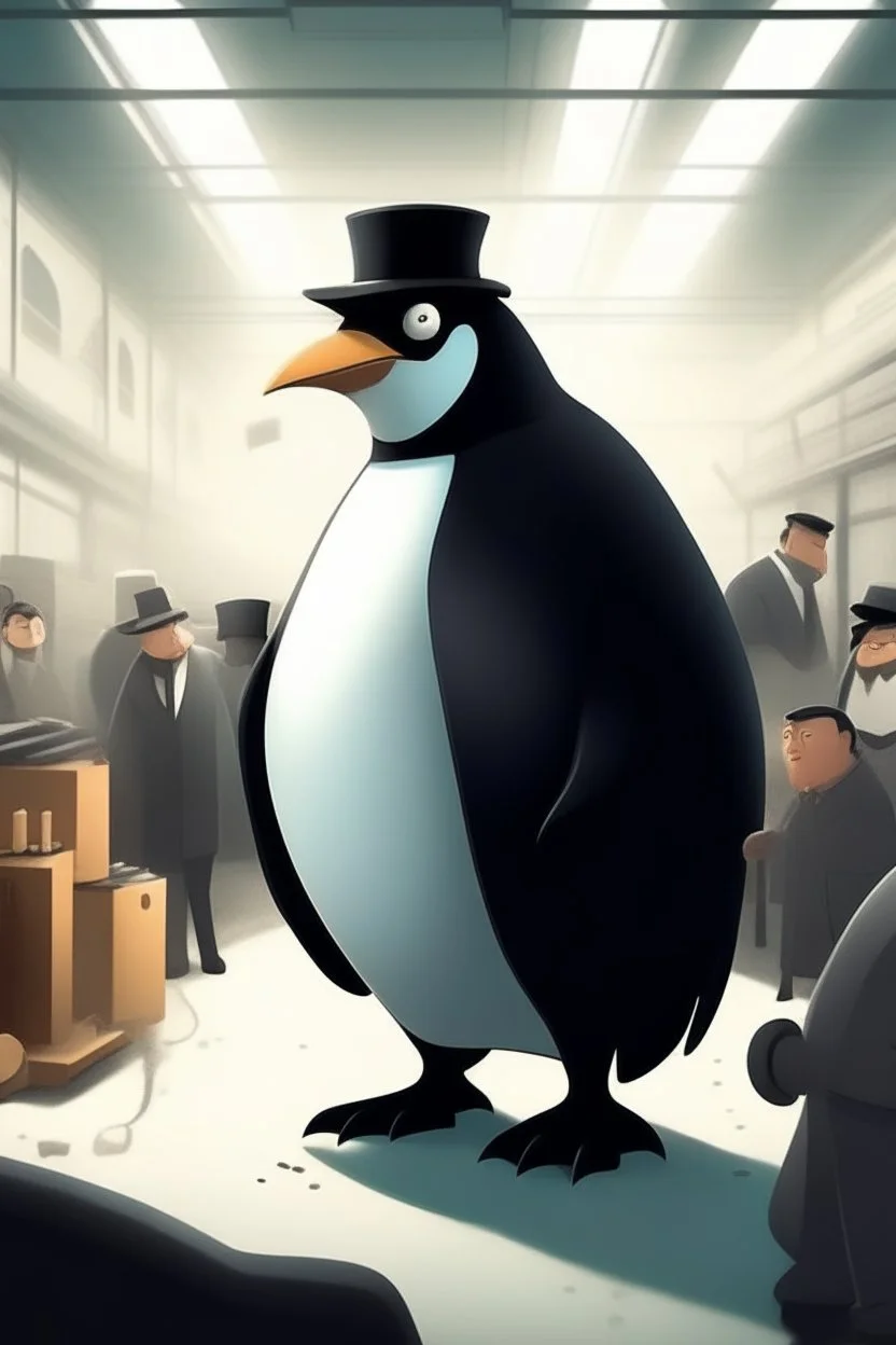 a penguin is an angry boss in a factory, atacking people.