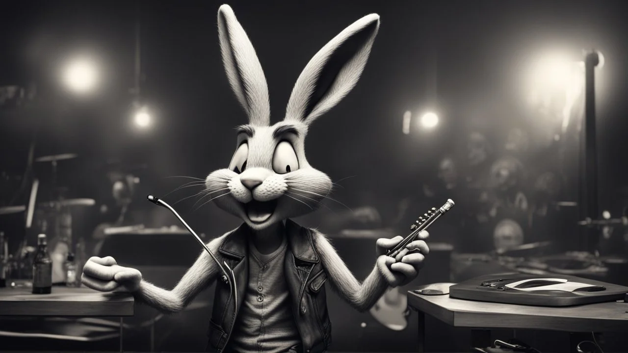 photorealistic deppressed dark melancholic sad Bugs bunny with blackeye deppressed doing music rock and roll dark heavy metal on a scene alcoholic, ciggaretes sad sad sad ciggarets