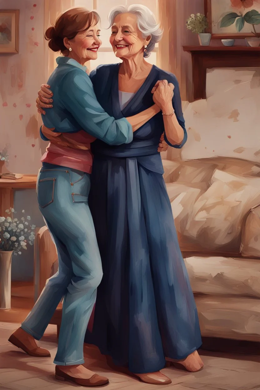 heartwarming cinematic illustration of a loving bond between a daughter and her elderly mother. The daughter, dressed casually in jeans and a blouse, has her arm wrapped around her mother's waist, while the mother, adorned in a bright, flowing gown, gracefully guides her through the dance. Their faces are a picture of joy, with the mother's radiant smile and the daughter's beaming eyes reflecting the love they share. The cozy living room, adorned with cherished family photos and decorations, cre