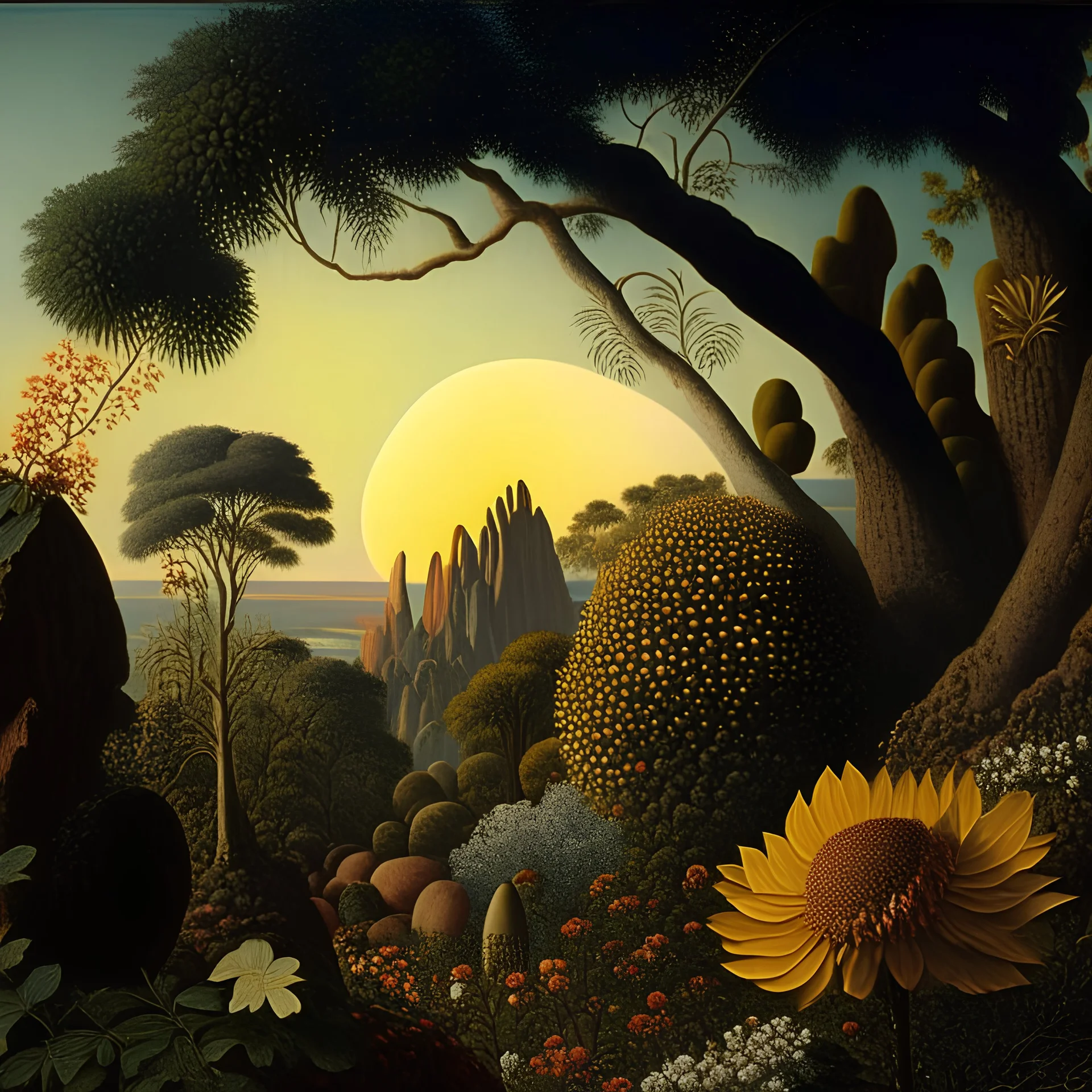 High definition photography of a marvelous landscape, trees, flowers, giant sun, intricate, rock formations, atmosphere of a Max Ernst painting, Henri Rousseau, thoughtful, interesting, a bit appalling, smooth