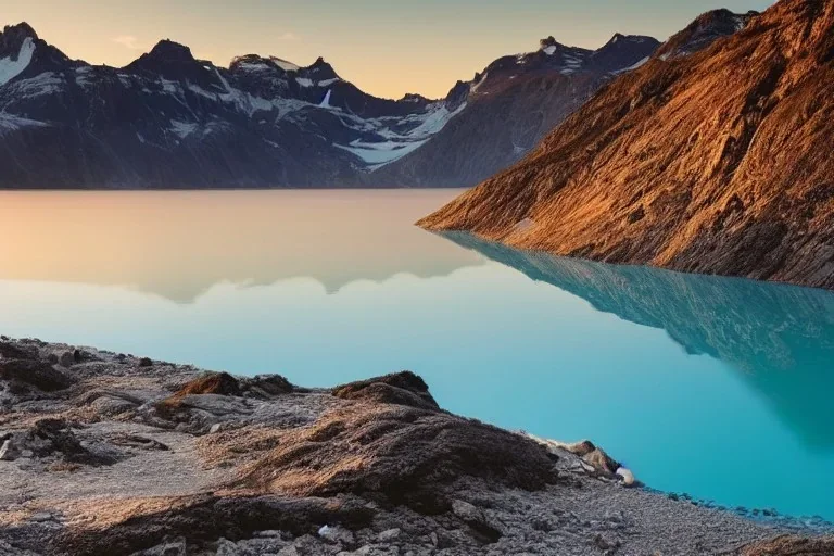 highly detailed glacial lake landscape, sunset, cinematic lighting, 4k, 8k, octane render, trending on 500px, pinterest, extremely detailed, ambient lighting, single frame, tiny kayak on rock pebble beach in foreground