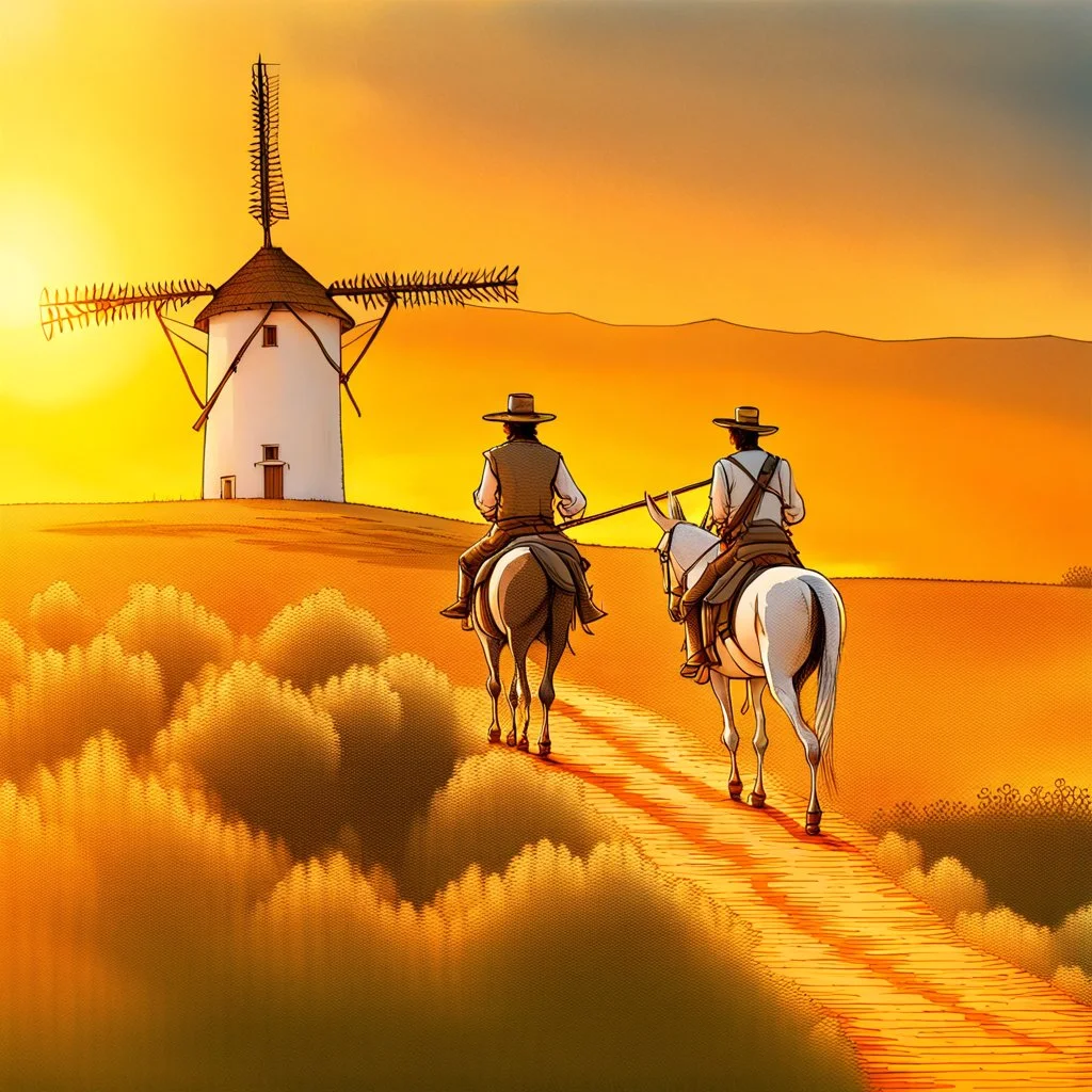 Don Quixote riding on a path in the Andalusian countryside a horse holding a long spear in his hand, followed by a donkey Sancho Panache, in the background a white windmill and a field of grasses and wild flowers, sunset time, ultra real shot, UHD, 12 K, wide angle shot, cinematic, shot , outdoor photography