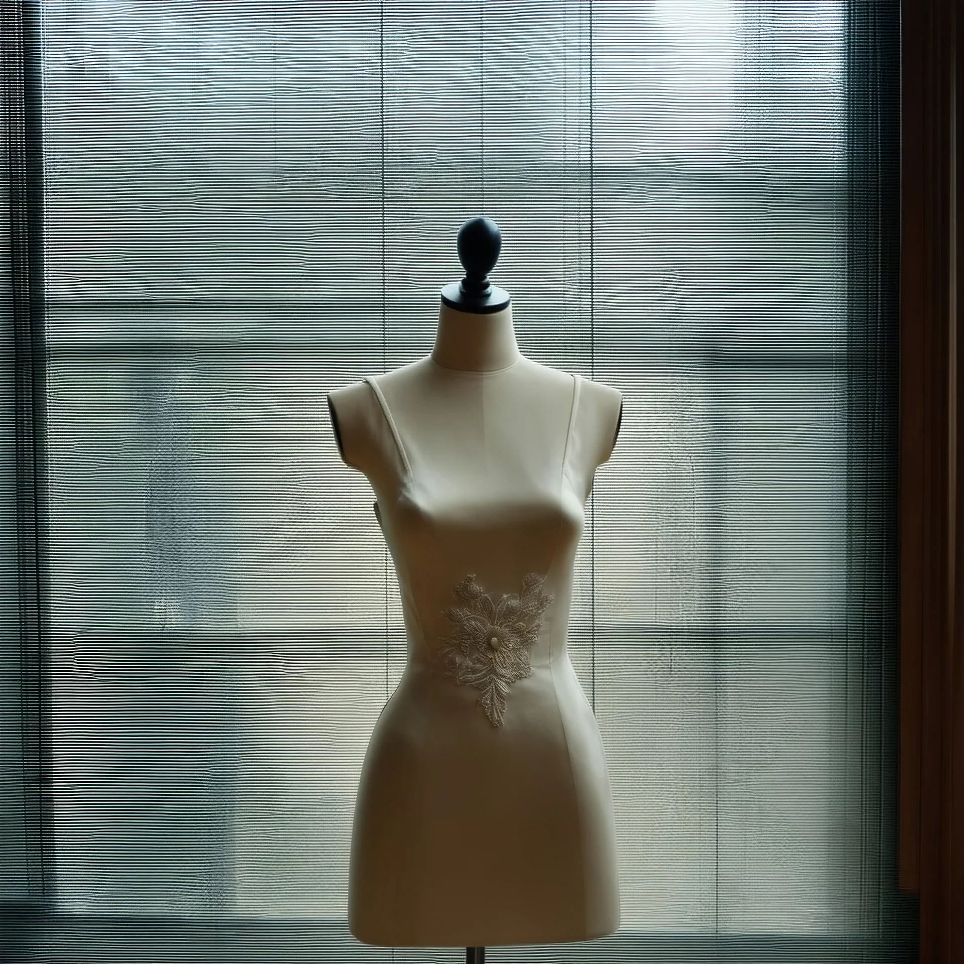 polaroid of a delicate, embroidered display mannequin behind a window