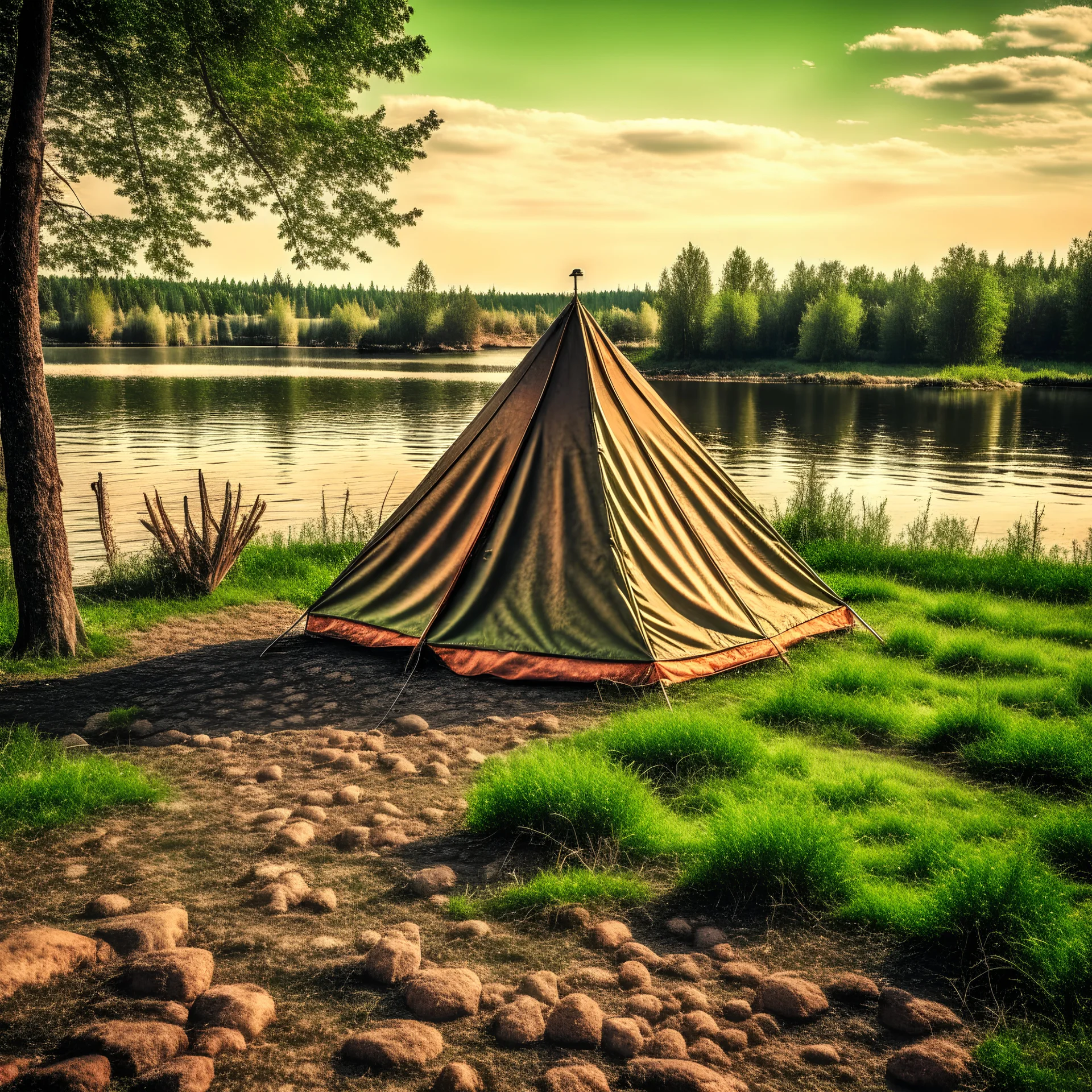 retro tent on the ground on the shore of a lake