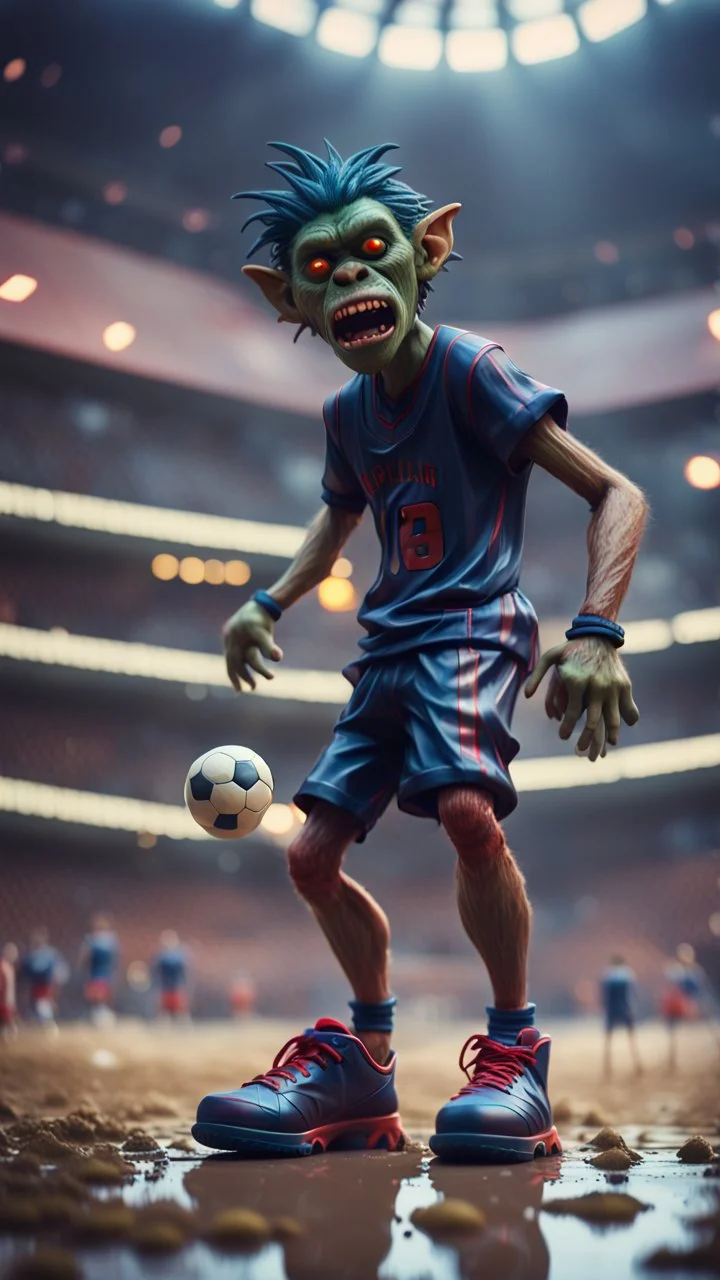 full figure portrait of a giant dunking basket player vampire werewolf goblin gremlin with soccer boots on wet soil in front of dome court, in the style of Gorillaz,bokeh like f/0.8, tilt-shift lens 8k, high detail, smooth render, down-light, unreal engine, prize winning