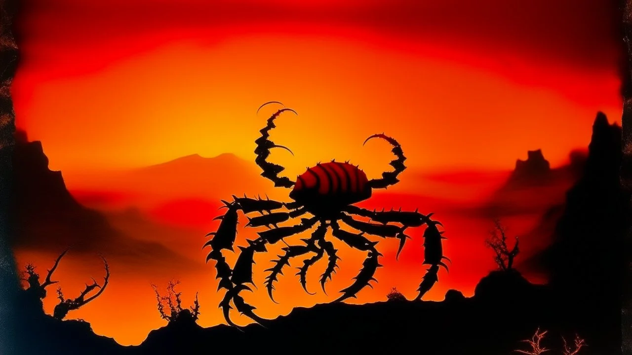 An orangish red fire elemental scorpion designed in Javanese shadow puppets painted by Ivan Aivazovsky