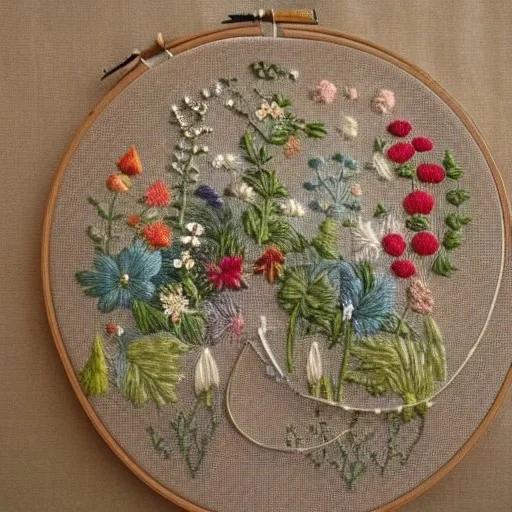 exquisite whimsical garden in embroidery hoop, intricate, highly detailed, linen and wood backdrop