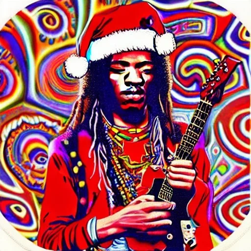 hippie JIMI HENDRIX Santa playing electric guitar, psychedelic, peace sign, MUSHROOMS, TRIPPY, ACID, LSD, dreadlocks