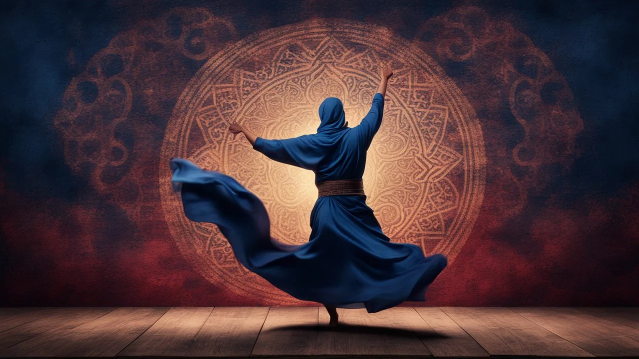 Hyper Realistic Mystical Sufi Dance with navy-blue cloth on maroon dark grungy rustic background at night & Glowing-Islamic-Pattern.