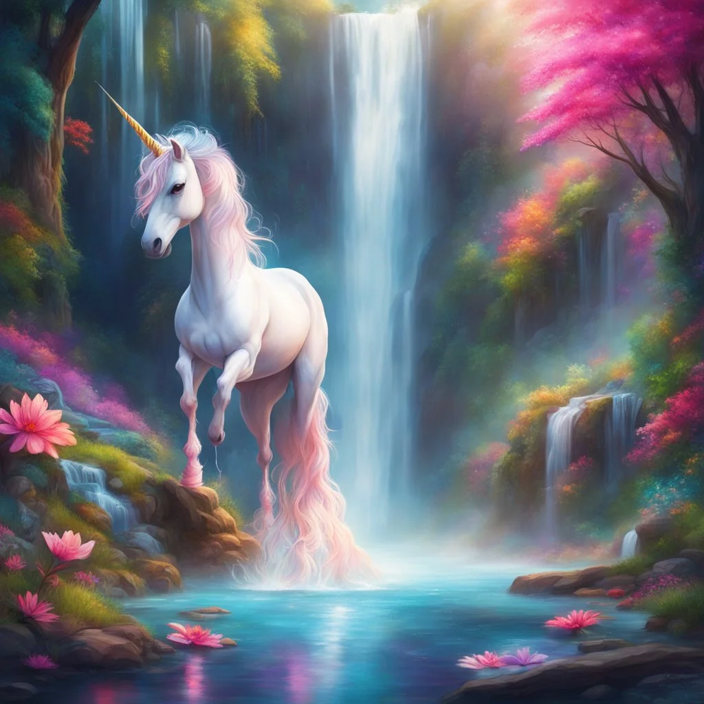 An open hand where a waterfall falls, a unicorn drinks from the water, everything in bright, bright colors. Refined in a fairytale way, inviting you to dream