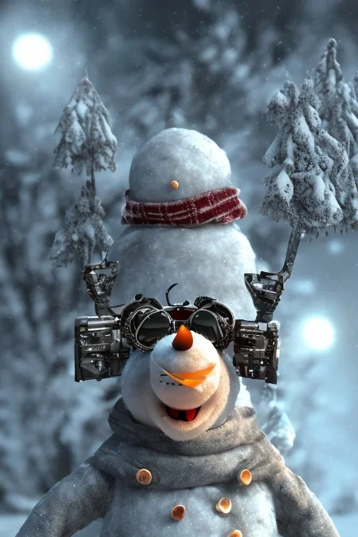 Snow man like a cyborg,with sunglasses,with gun,detail,textures,cinematic