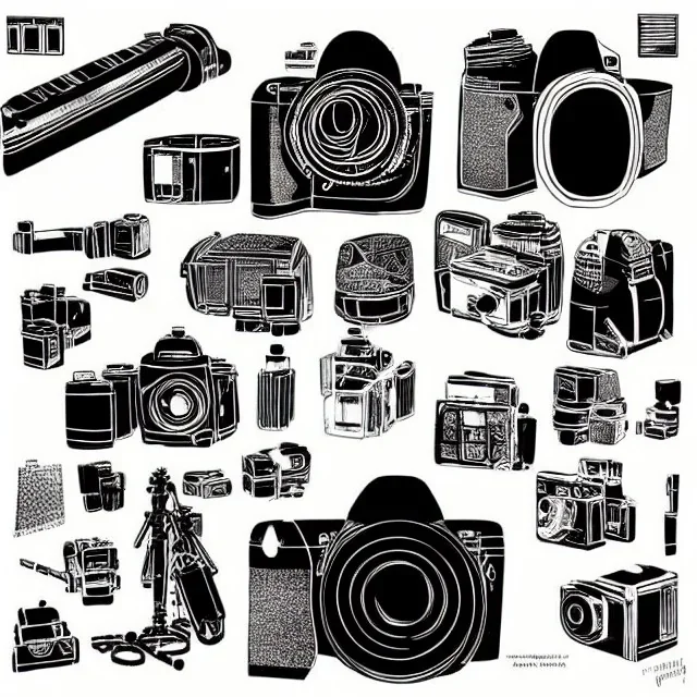 elements of photographic equipment. poster graphics. high detailed. ink and acrylic.