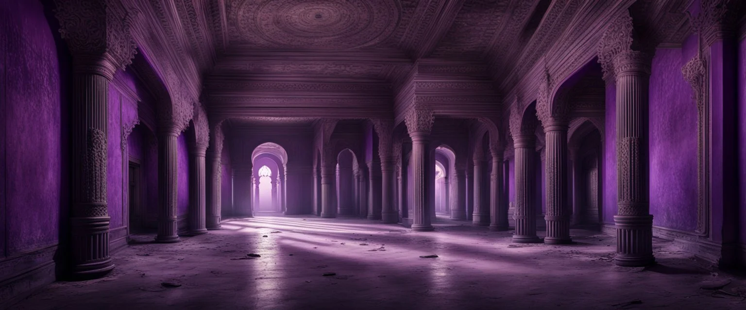 Hyper Realistic big dark hall of an abandoned haunted Indian Palace with decorated purple walls & pillars at night