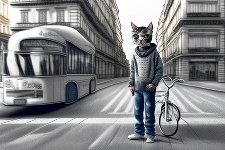 One single mature cat with jeans and sweater, riding on a bike in Vienna, standing on the left side, perfect iris, model style, hyper realistic, extremely accurate, delicate, extremely detailed, Graphic novel style, wide-angle, open aperture, superfine pencil