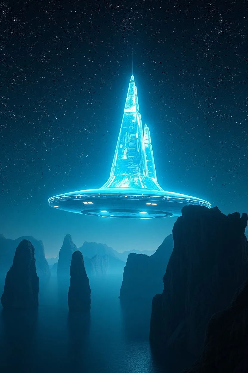 Ethereal holographic self iluminated hyper futuristic flat mothership over Es Vedra in a starry night