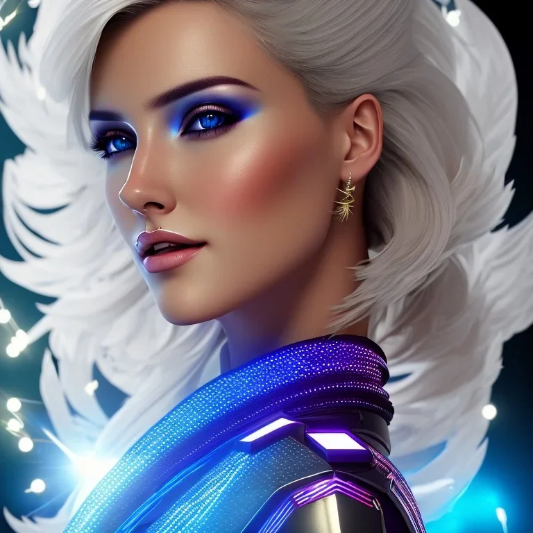 A beautiful portrait of a cute smiling cyberpunk woman with wings, long blond haire, high key lighting, volumetric light high details with white stripes and feathers and blue celtic paterns and luminous glasses in a starry background