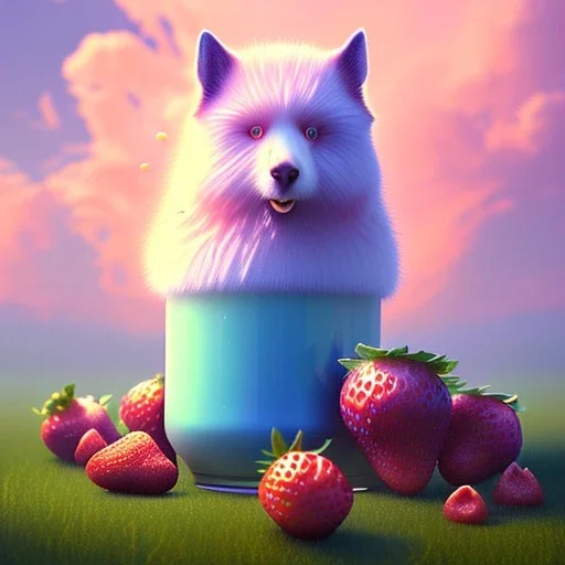 tropic landscape, white background, aerographic style,realistic painting of a beautiful girl and a big jar of marmelade,volumetric blue clouds,pink sky environment and flying strawberries in background, volumetric lighting,dramatic lighting, detailed digital painting, extreme dense and fine fur, anime, ornate, colour-washed colors, elegant, small minutiae, tiny features, particulars, centered, smooth, sharp focus, renderman gofur render, 8k, uhd, detailed eyes, real