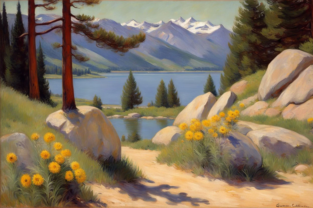 Sunny day, pine trees, mountains, prairie, flowers, lake, rocks, spring, gustave caillebotte impressionism painting