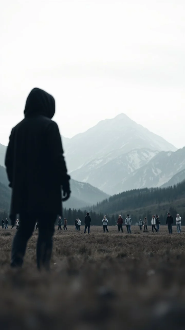 A field of random people at the end of the picture gray background an giant dark shadow of a hooded figure standing in under blurry , a huge mountains in the background cinematic, 8k