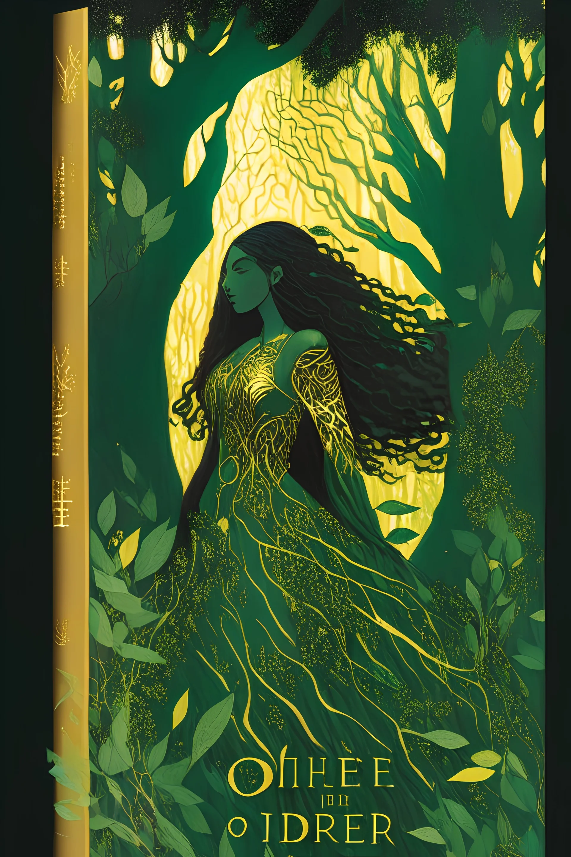 book cover, In the heart of a dense and enigmatic forest with towering ancient trees cloaked in emerald, yellow and amber foliage stands an ethereal beauty, her face is perfect, her lustrous hair cascading in ebony waves down to her slender waist she is slowly turning into a tree herself