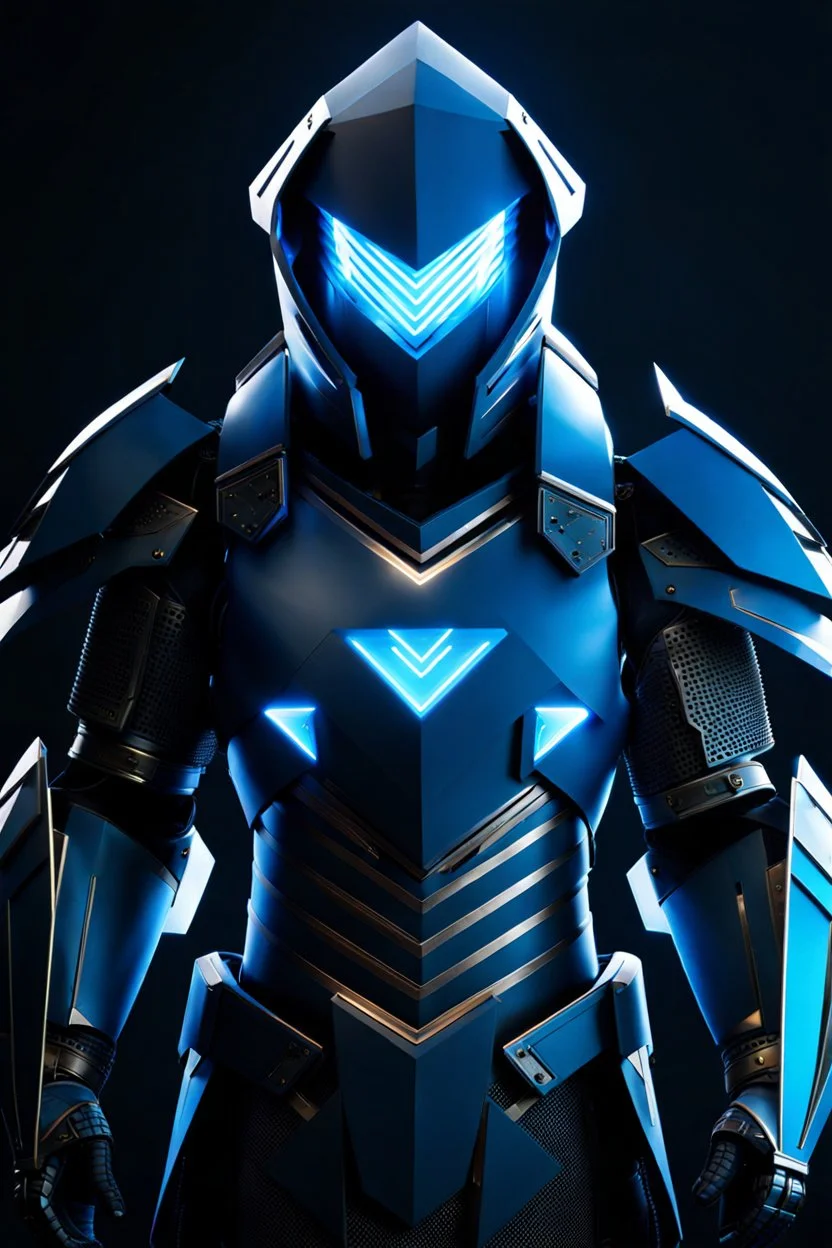 neon blue, floating parts of armor in form of light triangles, cyber armor, geometric patterns on armor, male, orbiting triangle