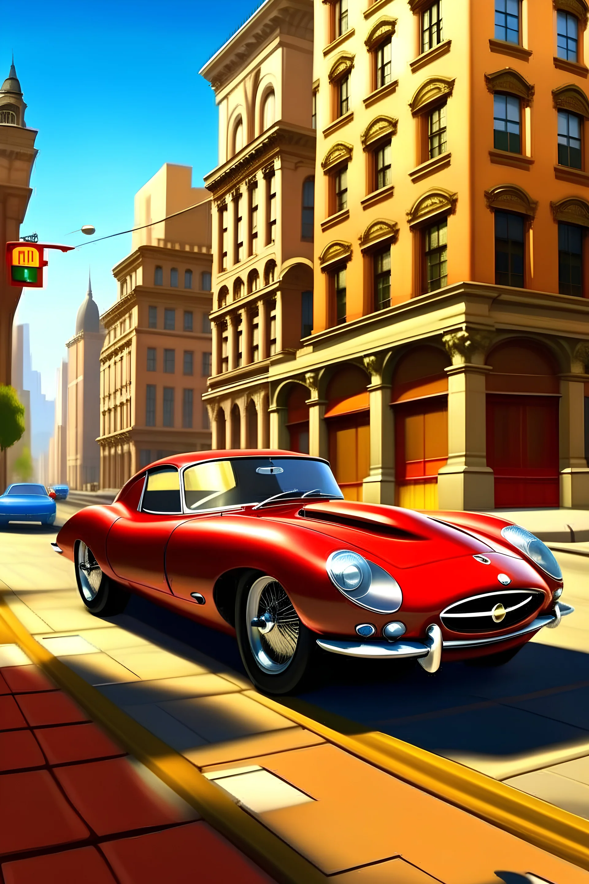 1961 Jaguar E-Type (XKE) cartoon style, 1950 setting, downtown street