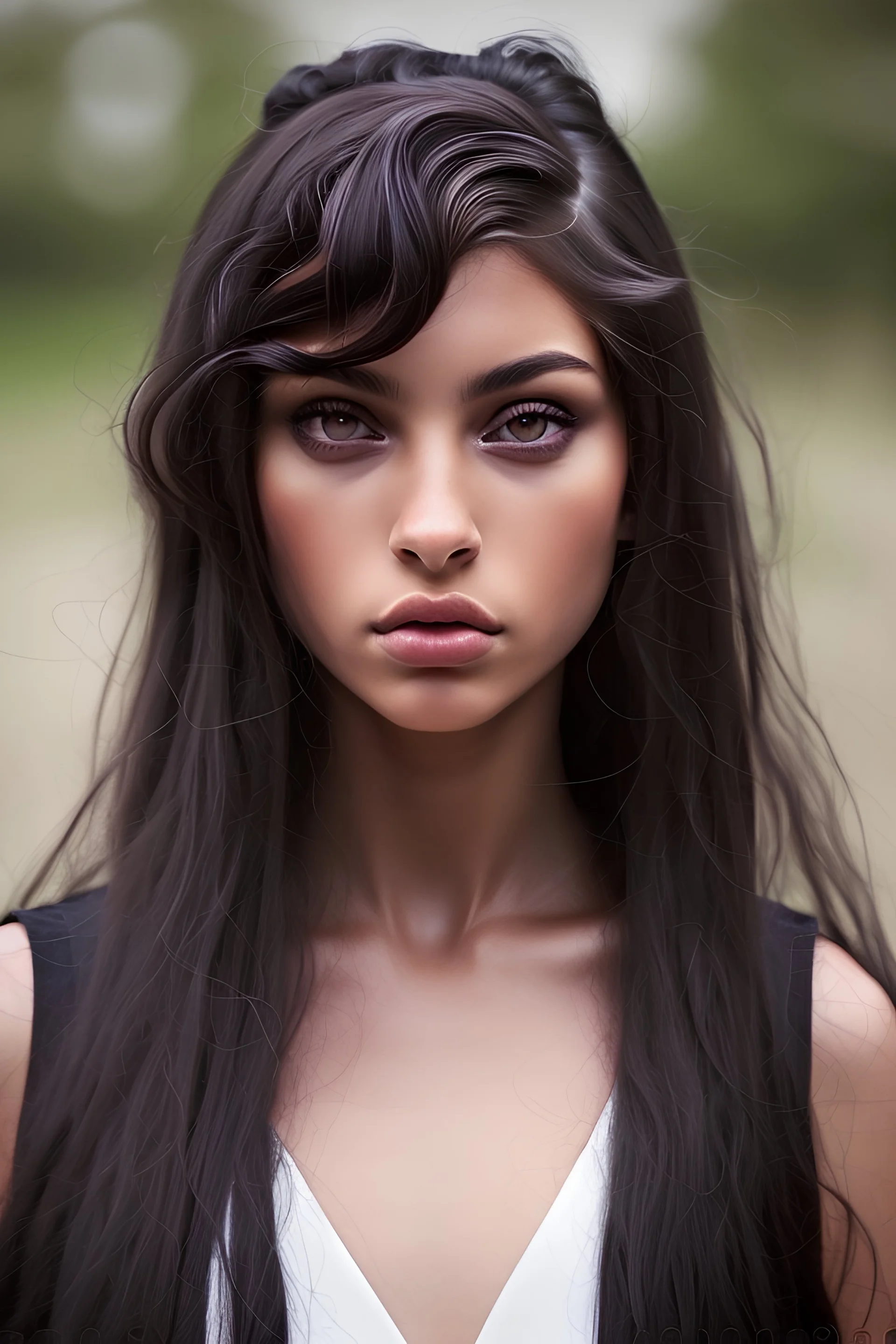 The image features a beautiful young woman {randomly selected mixed races}, wearing a black dress, standing in front of a building. Long, brunette with bronze highlights on long wave hairstyle. The scene captures her elegance and confidence as she showcases her outfit and overall appearance. (((Masterpiece))), UHD, (Highly details)