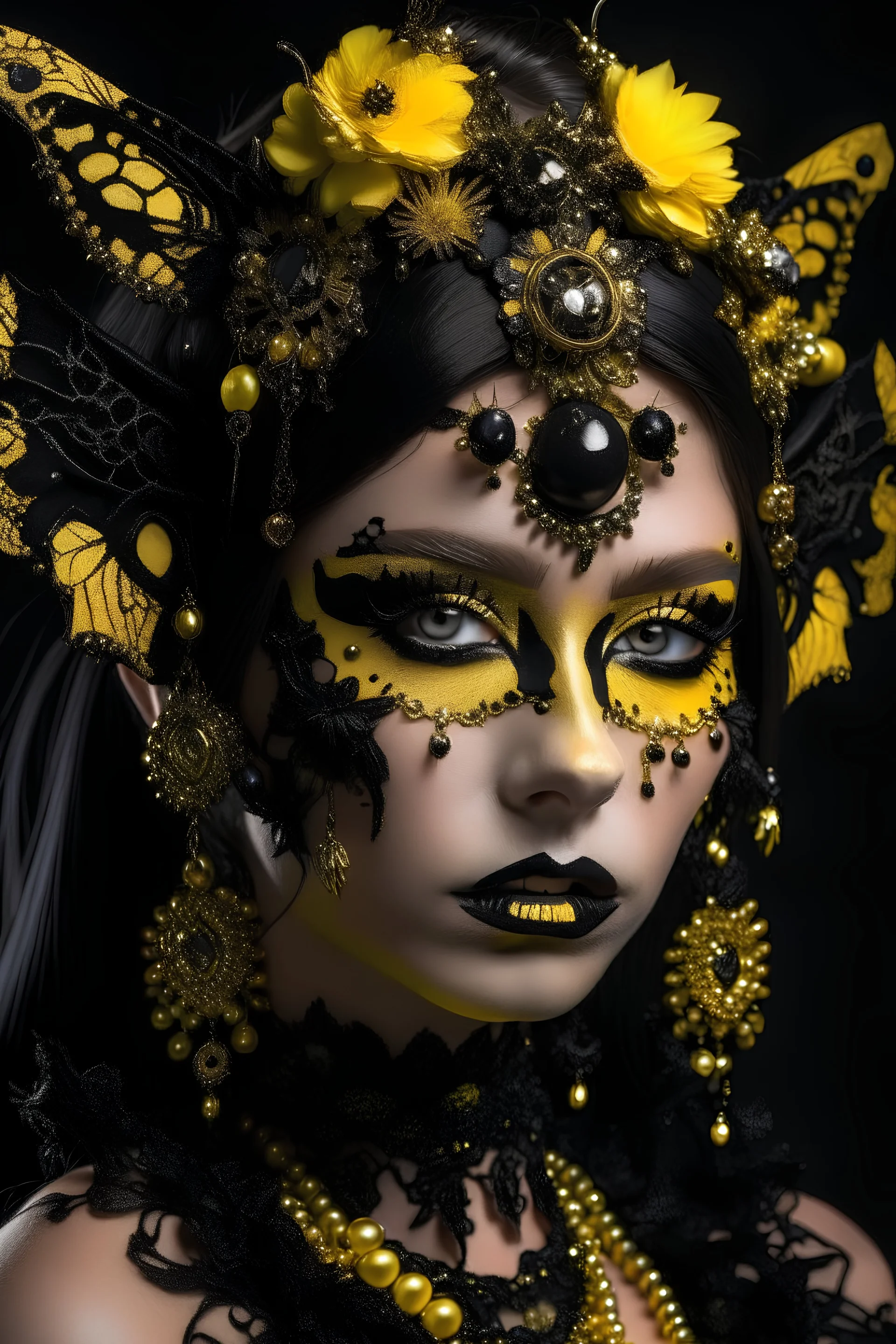 Beautiful faceced young girl, adorned with vantablack decadent goth black and yellow orchid headdress ribbed with yellow opal, black onix pearls diadem, wearing lace ribbed with black obsidian pearls and yellow opal mineral stone decadent gothica metallic filigree foral ornate half face masque Golden and black colour gradient makeup on, wearing vantablack gothica decadent leather jacket ribbed with yellow opal embossed floral lace ornament extremely detailed hyperrealistic maximalis portrai