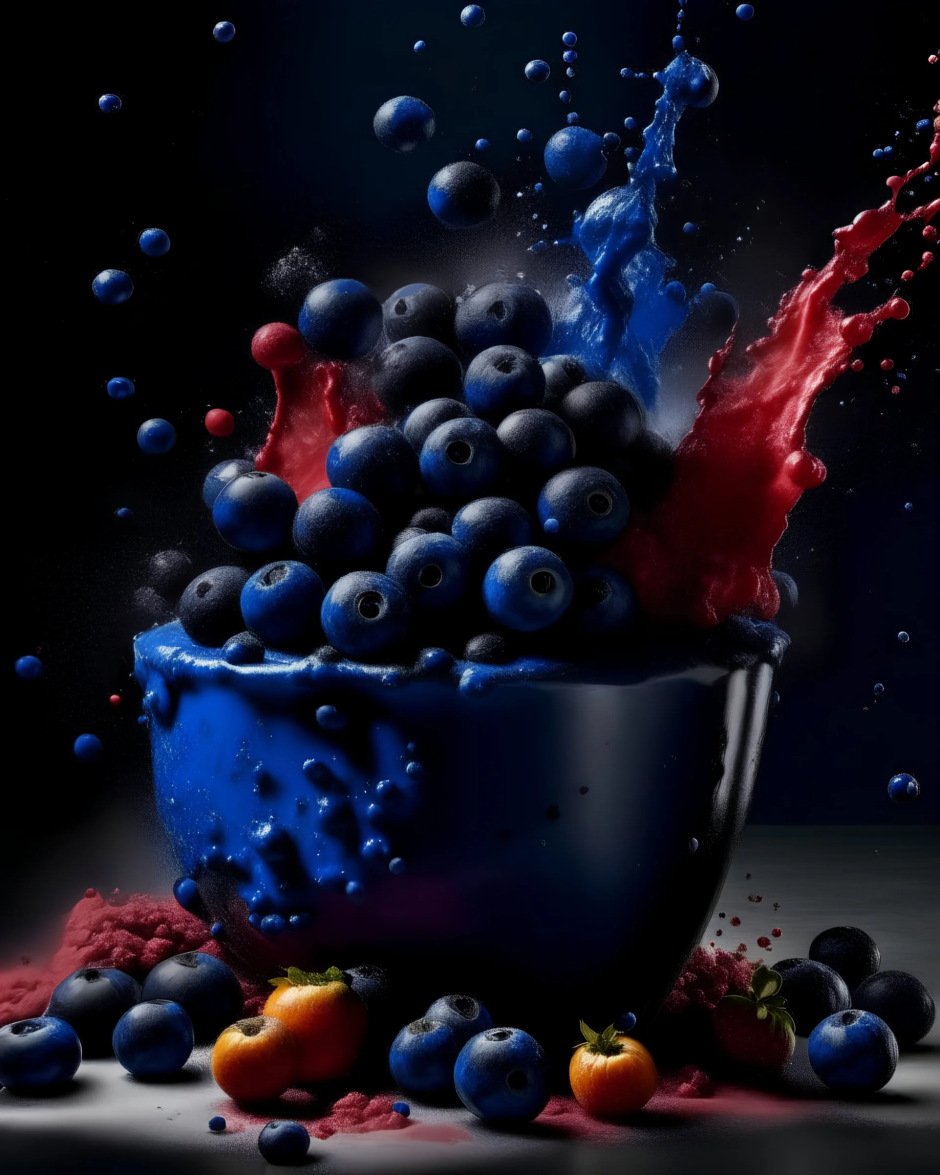 A fun commercial photography project, blueberry-colored powder explodes on contact with delicious blueberries