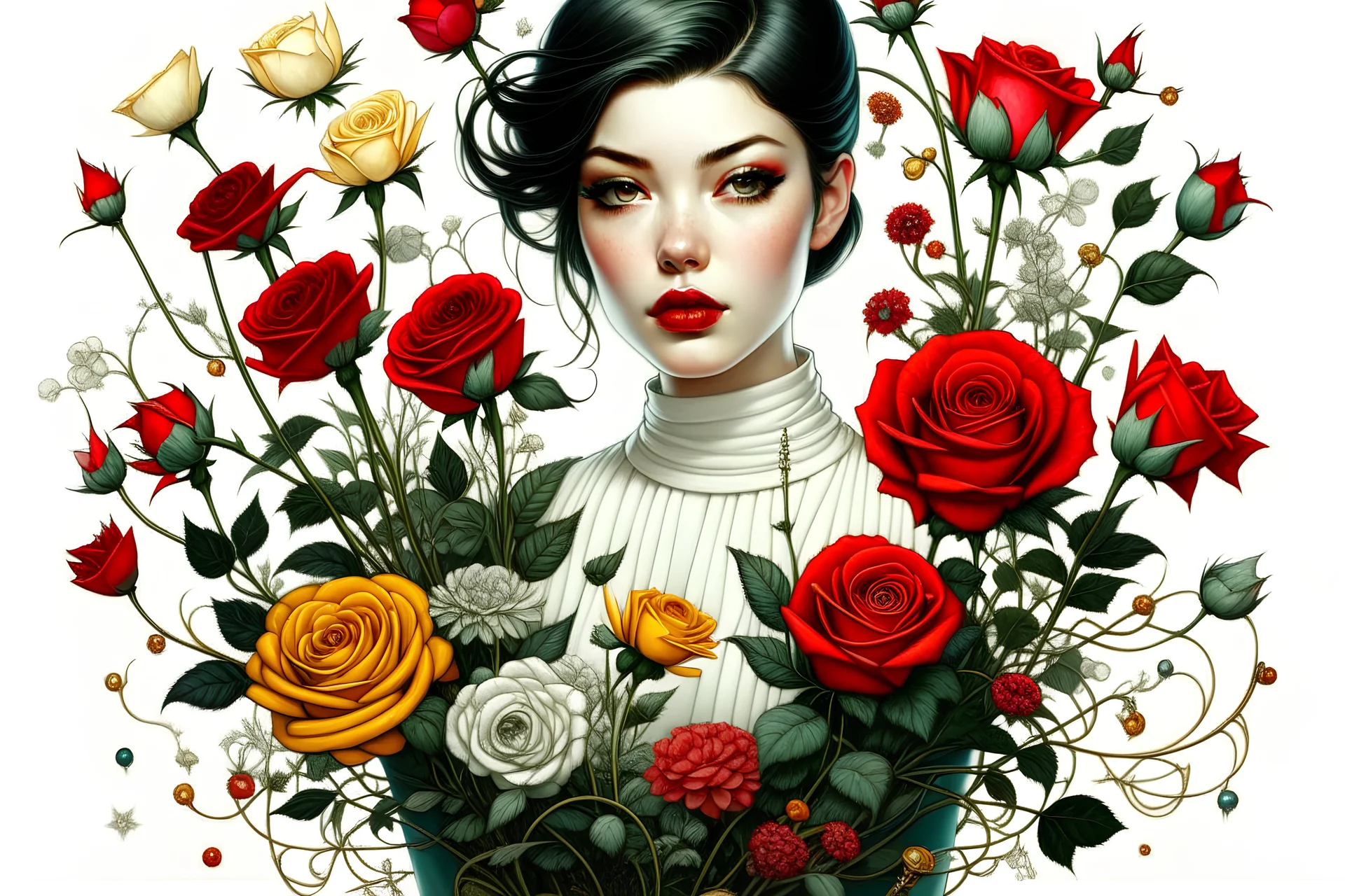 A full portrait of a beautiful colorful roses bouquet in a vase, Van Gogh Style, within frame, facing frontal, with very detailed red machine components, white background, cream color background, bright background landscape, ornate, intricate, complex, highly detailed, digital painting, smooth, art by tom bagshaw, akihiko yoshida, highly detailed, realistic, Van Gogh.