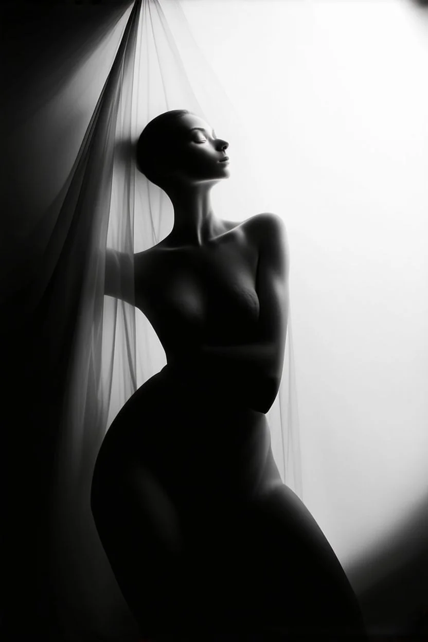 Artistic black and white photograph, female form obscured by a translucent, draping fabric. Fabric contours tightly to the body, highlighting the shape like Renaissance sculpture, interplay of light and shadow, light source comes from above and to the side, stark contrasts, natural lines and curves emerge with a sculptural quality, analog film photo, faded film, desaturated