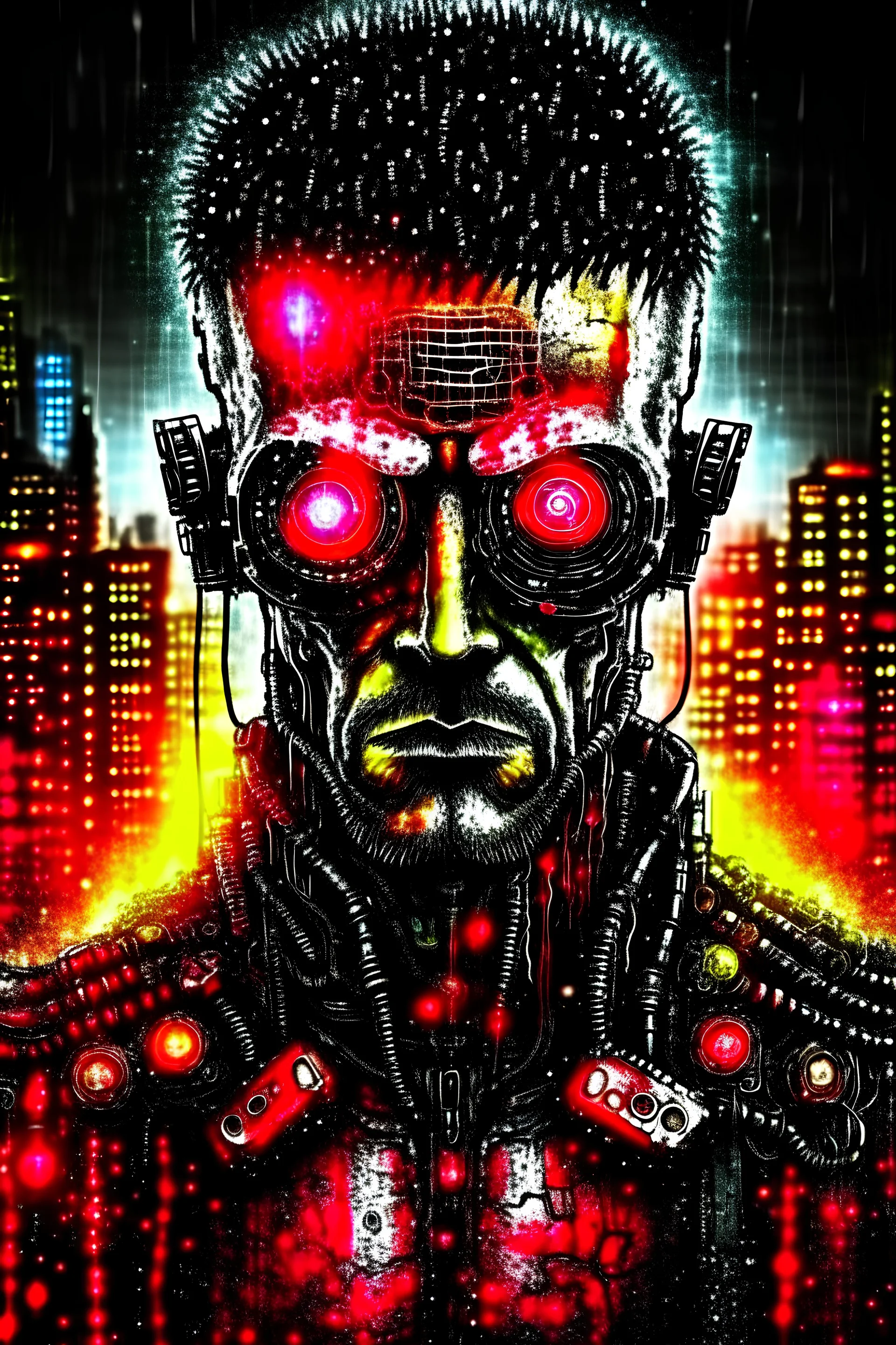 Bladerunner cyborg half human man with glowing red eyes, steampunk cyberpunk background with glowing lights and dark contrasting colors, water color painting