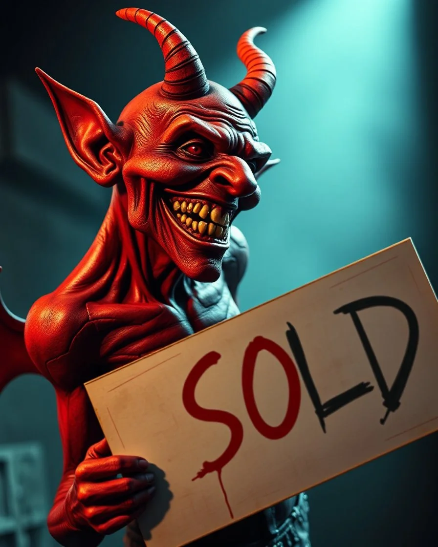 A realistic ghoulish laughing devil leaning forward at an angle as if over someone's shoulder, facing right, holding a large sign that says "SOLD" in clear letters. No humans, no extra subjects, cinematic horror lighting.