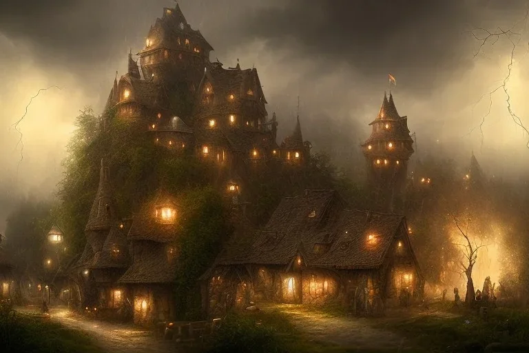 medieval fantasy poor village, rainy, stormy, dark, market, tavern, dirt path, lightning, misty