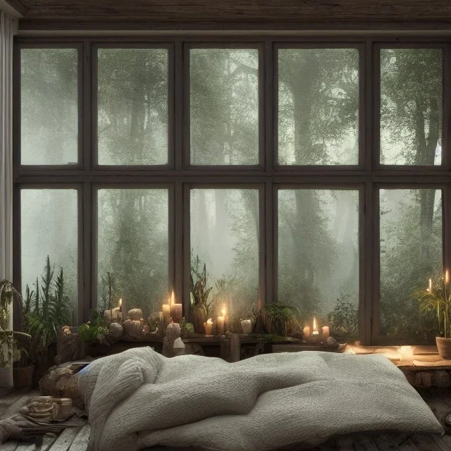 a gorgeous, stunning room facing a huge window with mystical forest view, multiple pillows on rustic wood floor, candles, gauzy curtains, plants, tranquil, 8k resolution, high-quality, fine-detail, digital art, detailed matte, volumetric lighting, illustration, 3D octane render, brian froud, howard lyon, selina french, annie stokes, lisa parker, greg rutowski,