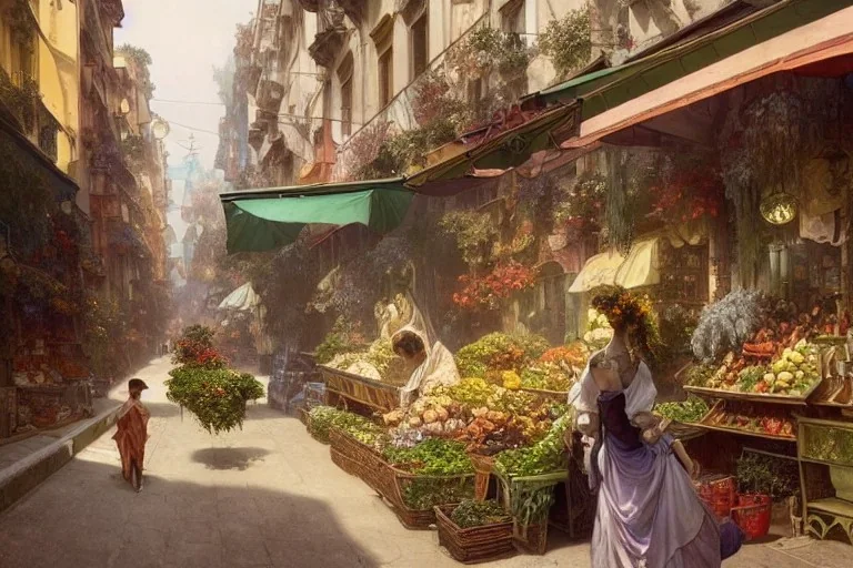 A greengrocer in colorful genoa street+Italian sea+alphonse mucha, greg rutkowski,matte painting, cryengine, hyper detailed, felix kelly, fantasy art, seb mckinnon