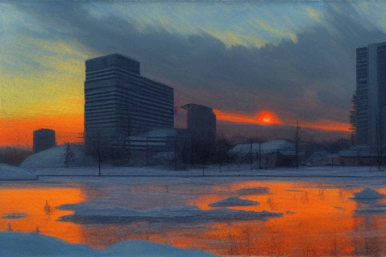 Sunset, winter, cyberpunk buildings in the ice, tendency to science fiction, impressionism painting