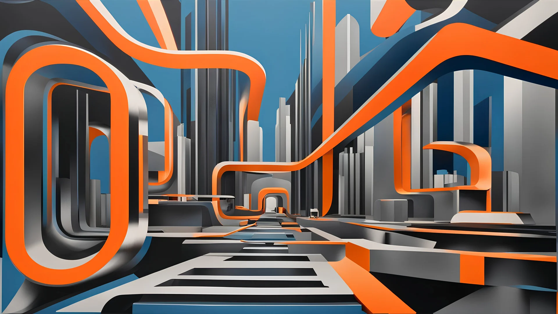 (hustle and bustle:55), loop kick, (deconstruct:28), retro futurism style, urban canyon, centered, drone view, great verticals, great parallels, hard edge, colors of metallic orange and metallic steel blue