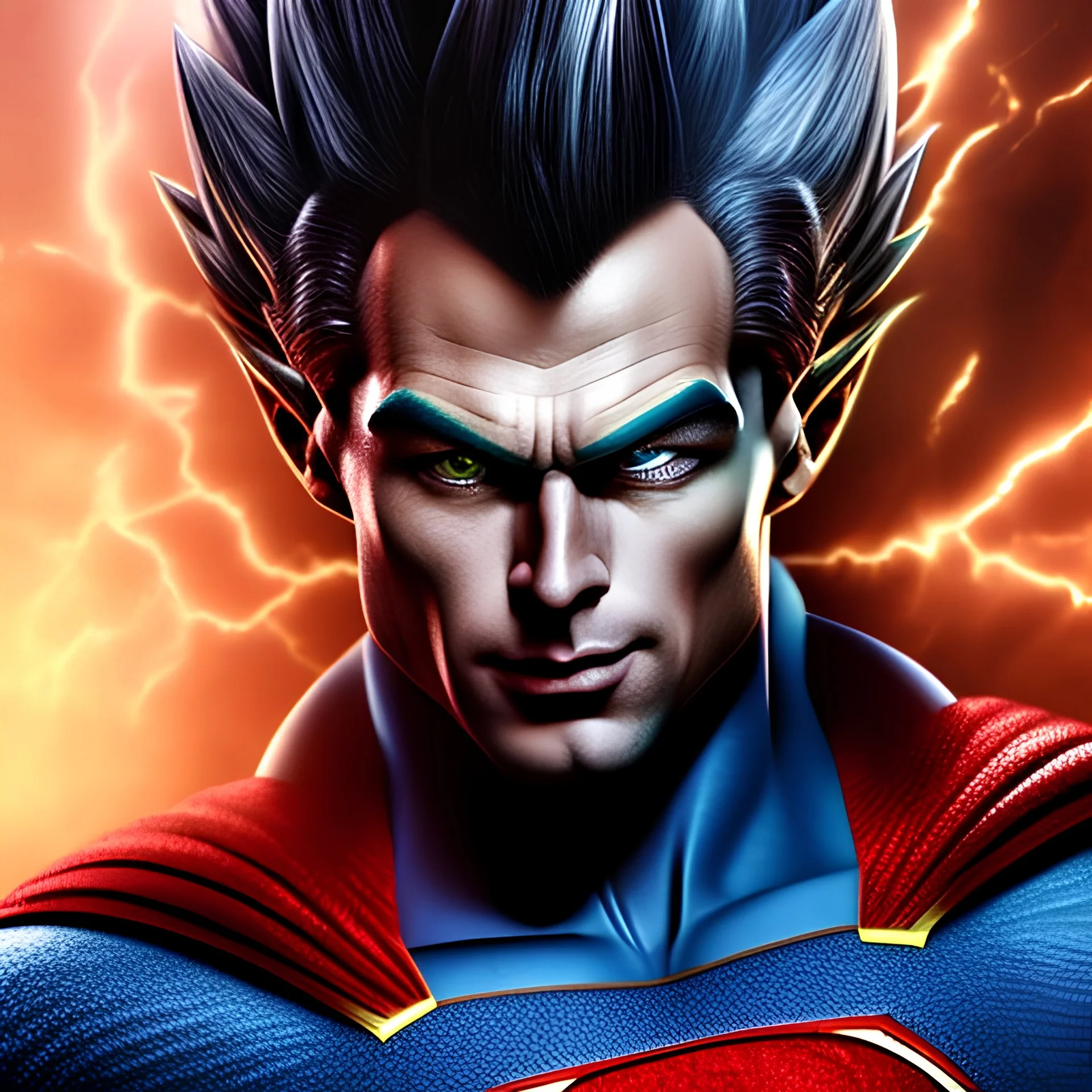 Ultra Ego Vegeta as Superman, Ambiance dramatic, hyperrealism, 8k, high quality, great details, within portrait, illustration