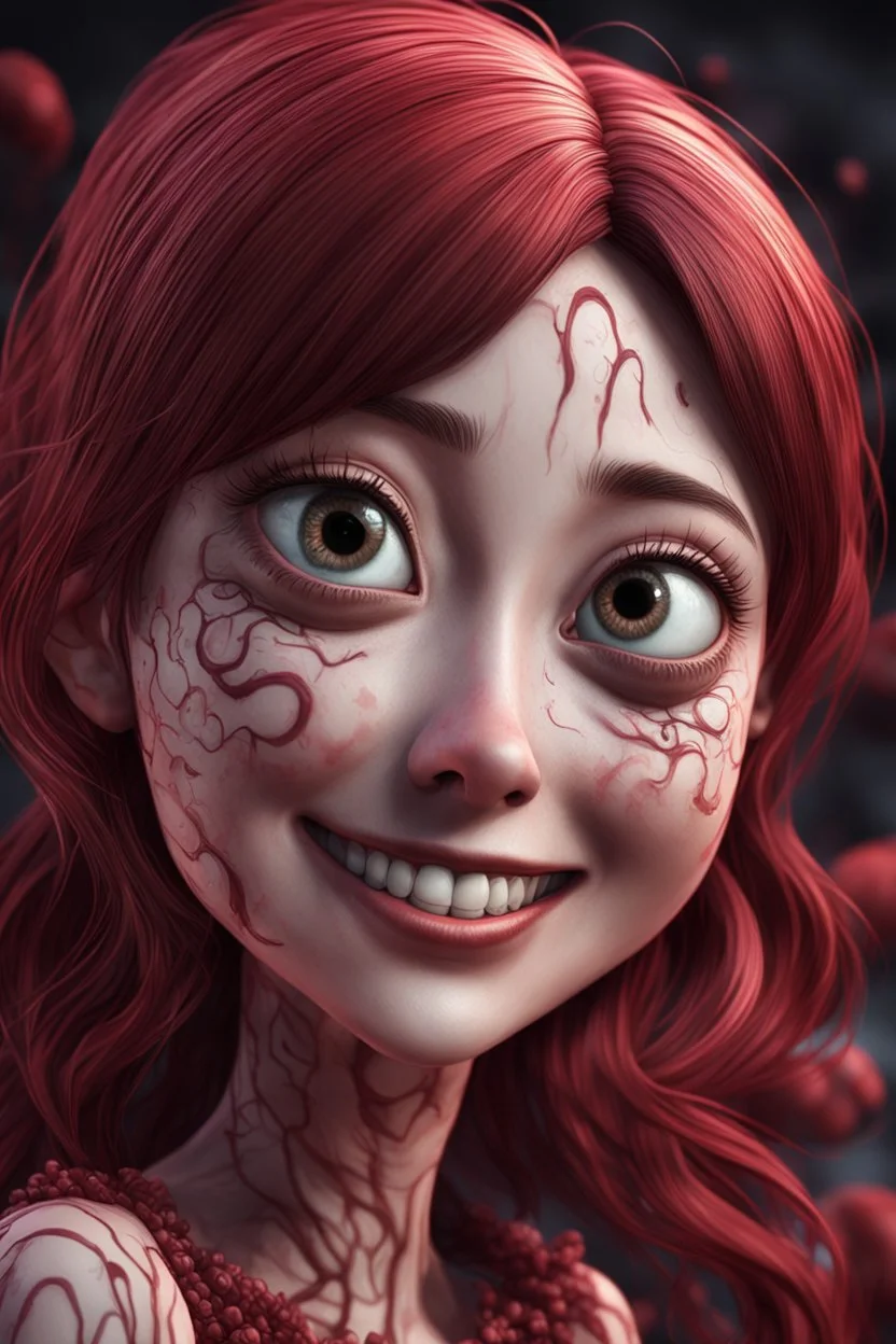 Woman with rare eyes, smiling, worms streaming from his eyes, siting pose, fullbody, Junji Ito style, darkred tones,high detailed, 4k resolution, digital paiting, 3d pixar disney the cinematic FKAA, TXAA, and RTX graphics technology employed for stunning detail.