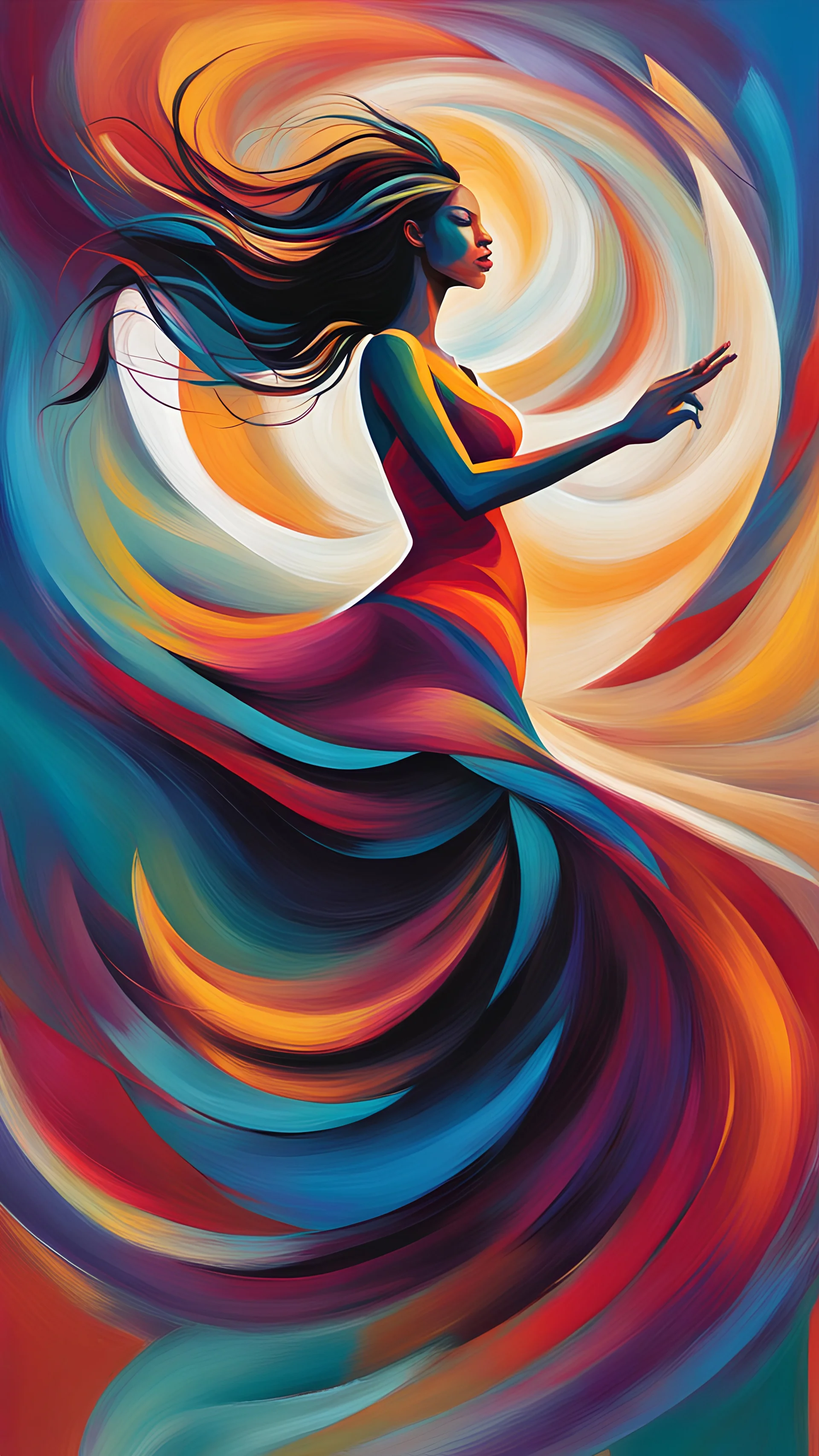 a dynamic and abstract portrayal of a woman dancing, surrounded by swirling colors and abstract shapes. Use bold brushstrokes and a vibrant color palette to convey the energy and movement of the dance