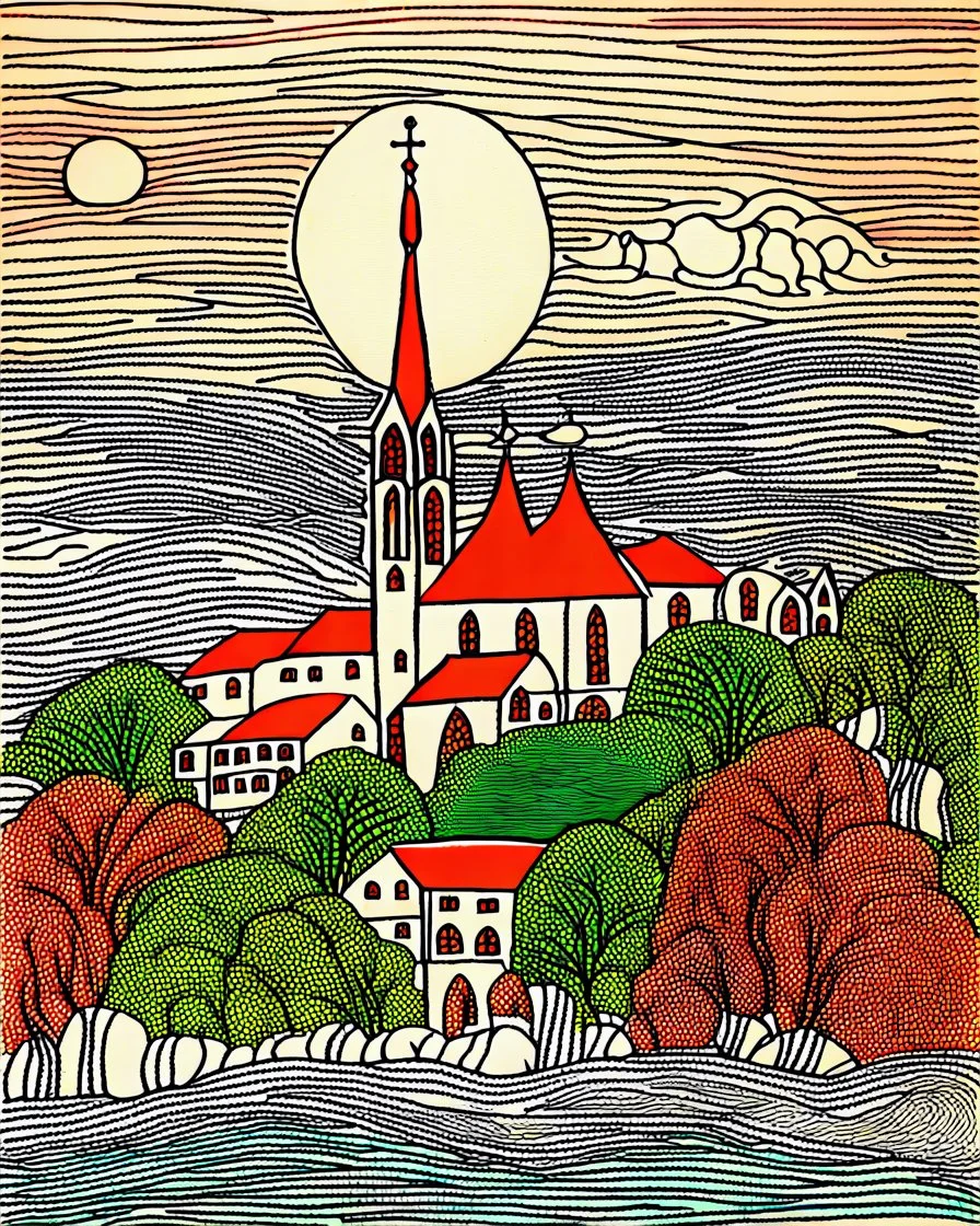 Innsbruck Cathedral: Intricately textured Joan Miro Style: highly detailed surreal landscape, village by the sea, trees, clouds, crashing ocean waves, bleeding ink, drawing on textured paper, Paul Klee, red, amber, green, indigo, aquamarine and maroon colours, mixed media, precisely executed fine line art, frameless, by Susanne. Modifiers: high definition crisp quality Picasso SALVADOR DALI vibrant colours Ukiyo-e *SK