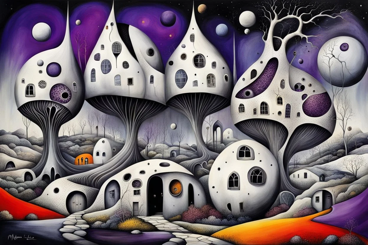 whmisical, weird ball-like houses in weird whimsical landscape, futur-surreal vibe with abstractions, around surreal cracked painted weird land with dark purple, gray, black, white, brown, and deep colors. style of Chagall , of Minjae Lee and Tim Burton, absurd beauty picture. weird bizarre absurd, nightmare, neuron network background, surreal vibe