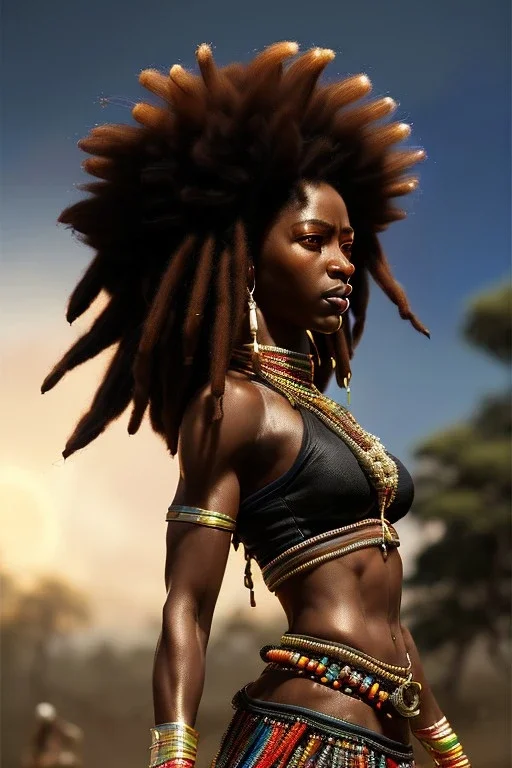 African female warrior, dreadlocks, colorful beads in hair, athletic build, ominous, dnd character portrait, waist up portrait, intricate, oil on canvas, masterpiece, expert, insanely detailed, 4k resolution, retroanime style, cute big circular reflective eyes, cinematic smooth, intricate detail , soft smooth lighting, vibrant colors, hokusai style arm sleeve tatoo