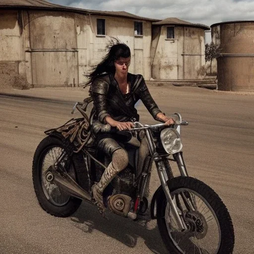 mad max woman on bike with watertank,fin line photo realistik