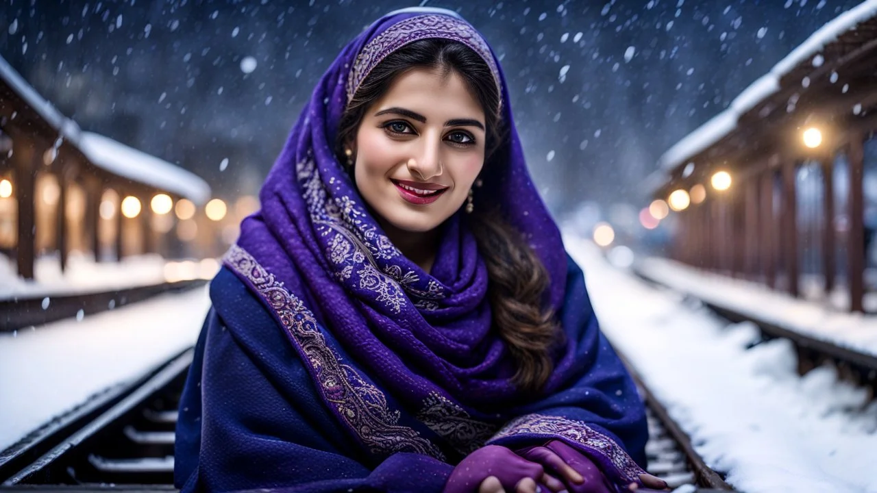 Hyper Realistic Photographic View Of A Beautiful Young Pashto Woman With Beautiful Eyes Lips & Nose (Wearing Beautiful Navy-Blue Frock With Purple Embroidery & White-Wool Shawl With Her Long Black Whirling In Air, Cold Breeze) Happily Sitting On The Bench & Smiling At The Village Railway Platform At Heavy Snowfall Night Showing Dramatic & Cinematic Ambiance.