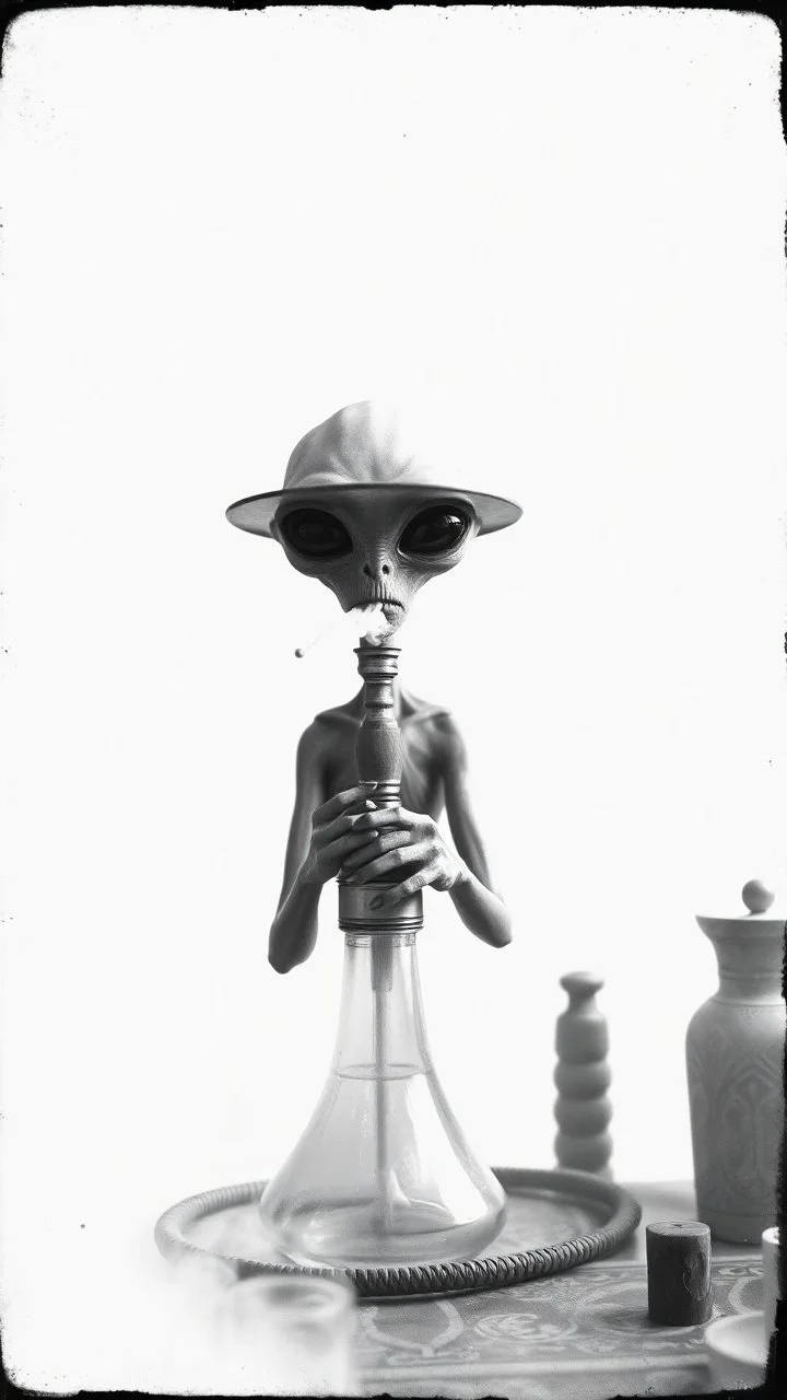 Get An old picture style of black and white mono very bad quality looks very old camera picture of an alien smoking from a hookah with smoke all over the place , all white background , year 1900