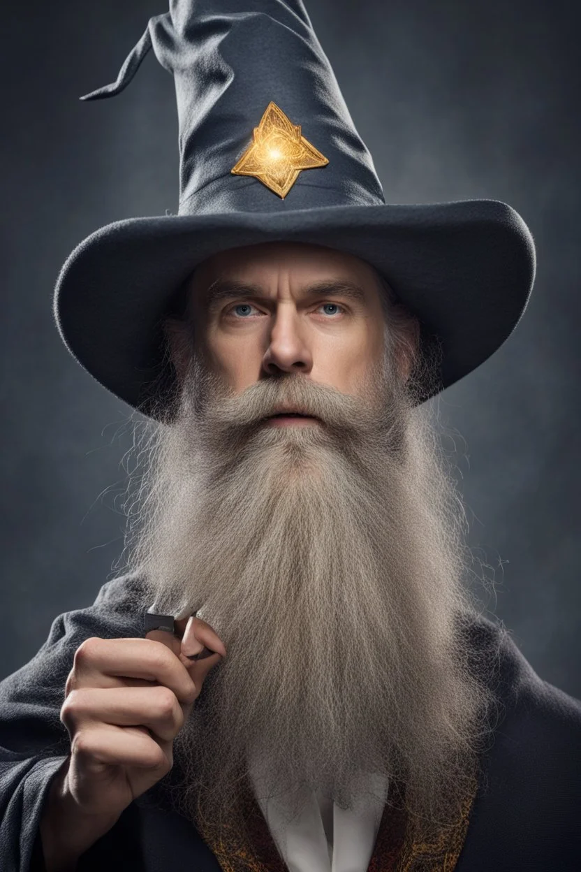 Wizard with majestic beard and pointy hat doing wizard stuff